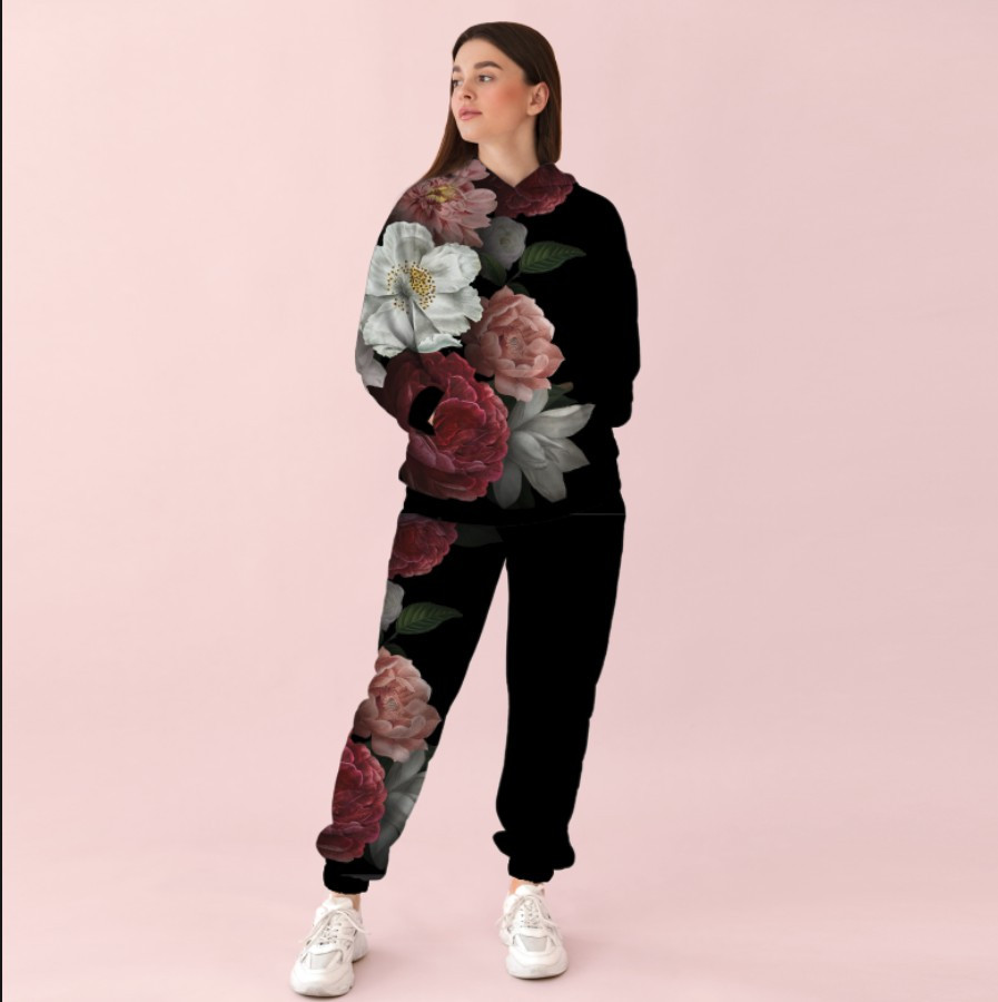 Жіночий темний спортивний костюм із принтом квітковий орнамент. 0_047 ВСІ Розміри Преміум тканина