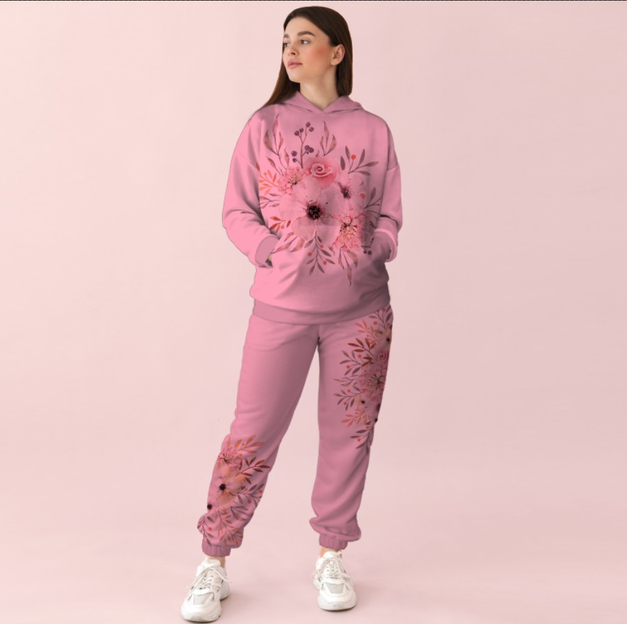 Жіночий рожевий спортивний костюм із принтом квітковий орнамент. 0_052 ВСІ Розміри Преміум тканина