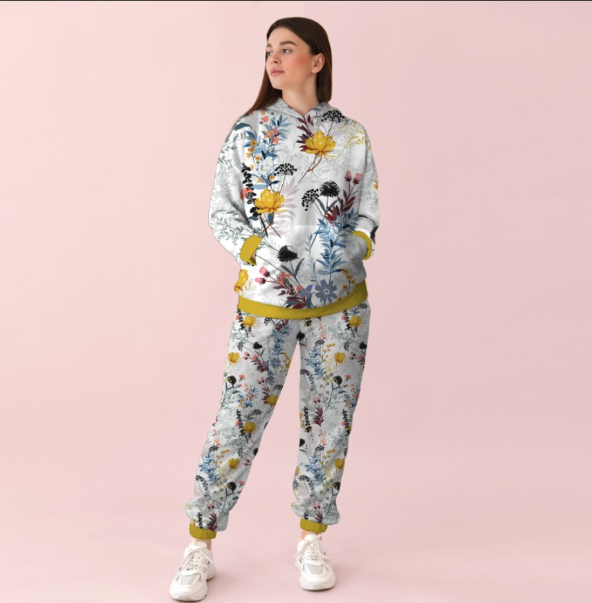Жіночий білий спортивний костюм з жовтими манжетами із принтом квітковий орнамент польові квіти. 0_055 ВСІ Розміри Преміум тканина