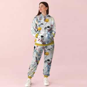 Жіночий білий спортивний костюм з жовтими манжетами із принтом квітковий орнамент польові квіти. 0_056 ВСІ Розміри Преміум тканина