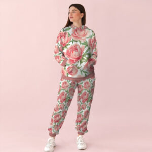 Жіночий білий спортивний костюм із принтом квітковий орнамент рожеві квіти. 0_057 ВСІ Розміри Преміум тканина
