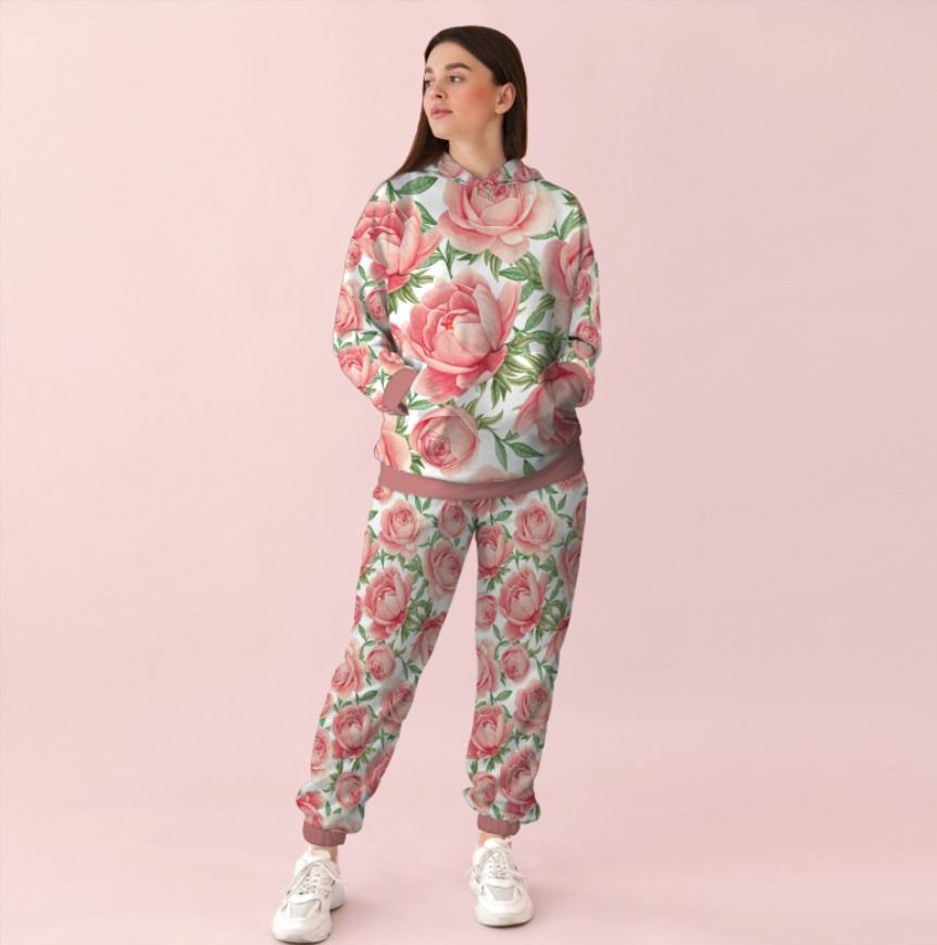 Жіночий білий спортивний костюм із принтом квітковий орнамент рожеві квіти. 0_057 ВСІ Розміри Преміум тканина