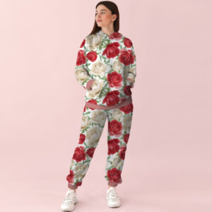 Жіночий білий спортивний костюм із принтом квітковий орнамент червоні та білі троянди. 0_059 ВСІ Розміри Преміум тканина