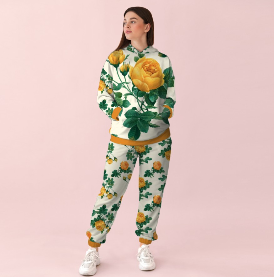 Жіночий білий спортивний костюм із принтом квітковий орнамент жовті троянди з листям. 0_062 ВСІ Розміри Преміум тканина