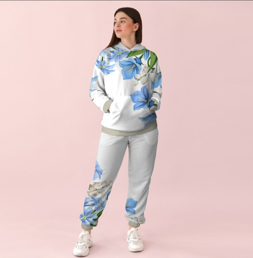 Жіночий білий спортивний костюм із принтом ніжні блакитні квіти 0_067 ВСІ Розміри Преміум тканина