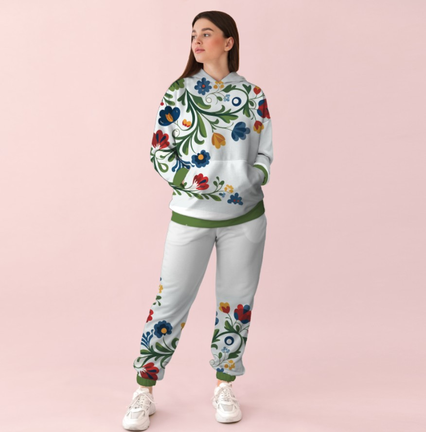 Жіночий білий спортивний костюм із принтом квітковий орнамент 0_068 ВСІ Розміри Преміум тканина