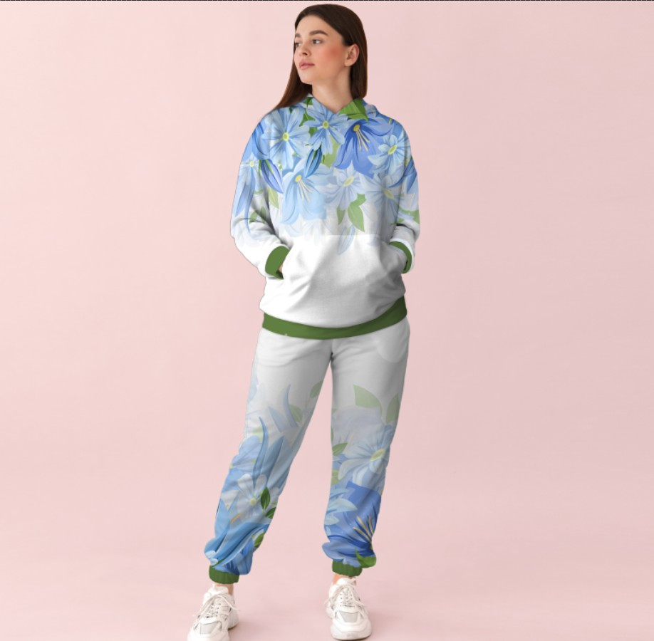 Жіночий білий спортивний костюм із принтом ніжні блакитні квіти 0_069 ВСІ Розміри Преміум тканина