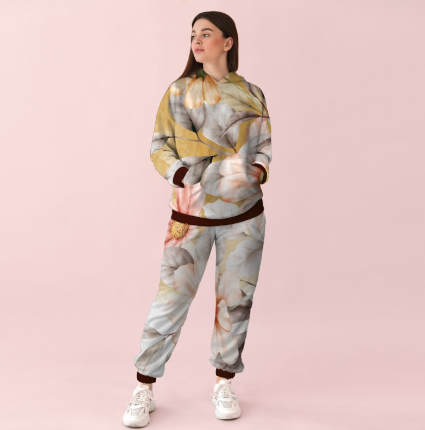 Жіночий спортивний костюм із принтом білі та рожеві квіти 0_073 ВСІ Розміри Преміум тканина