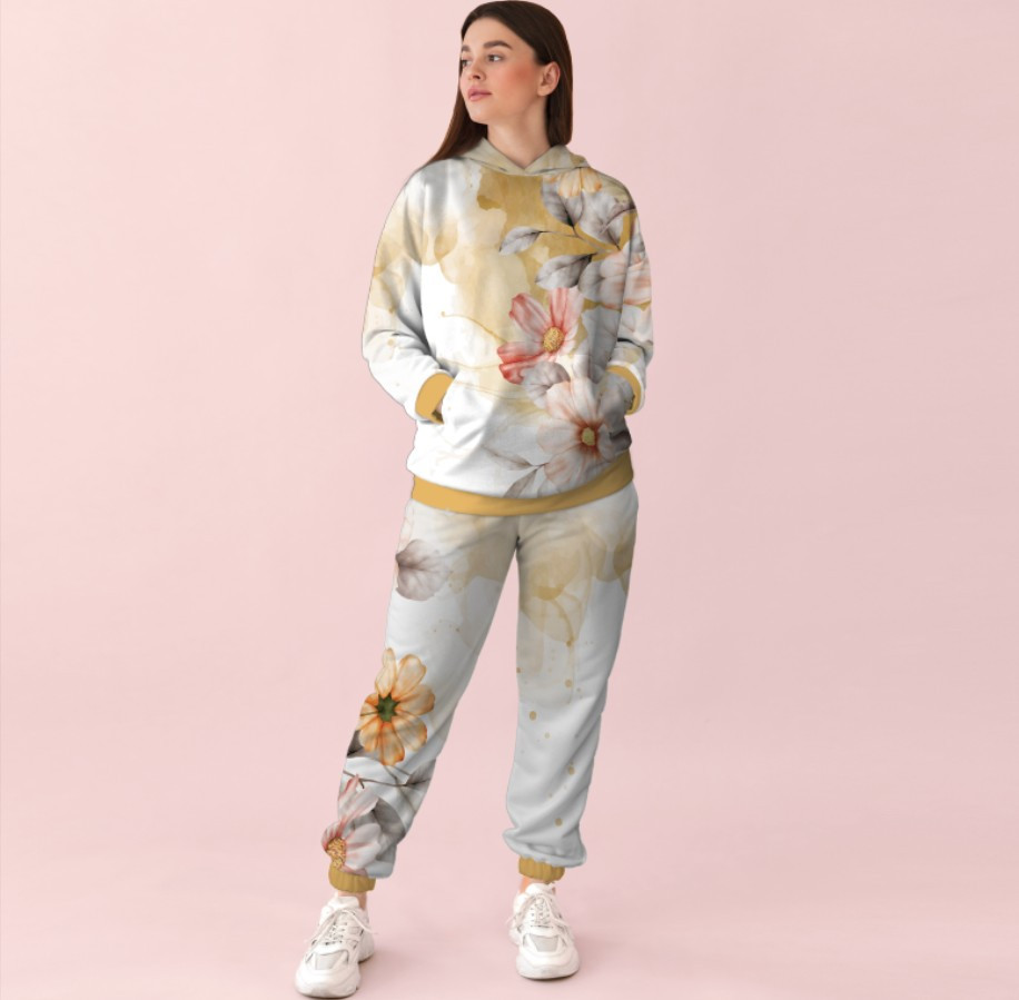 Жіночий спортивний костюм із принтом білі та рожеві квіти 0_074 ВСІ Розміри Преміум тканина