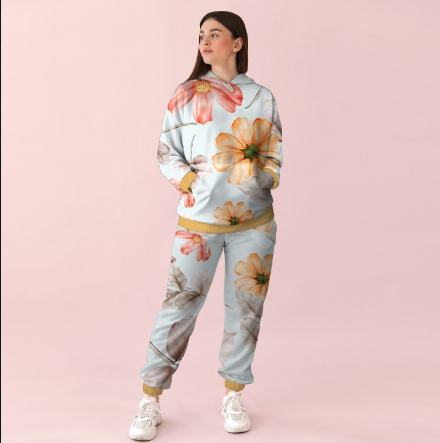 Жіночий спортивний костюм із принтом білі та рожеві квіти 0_076 ВСІ Розміри Преміум тканина