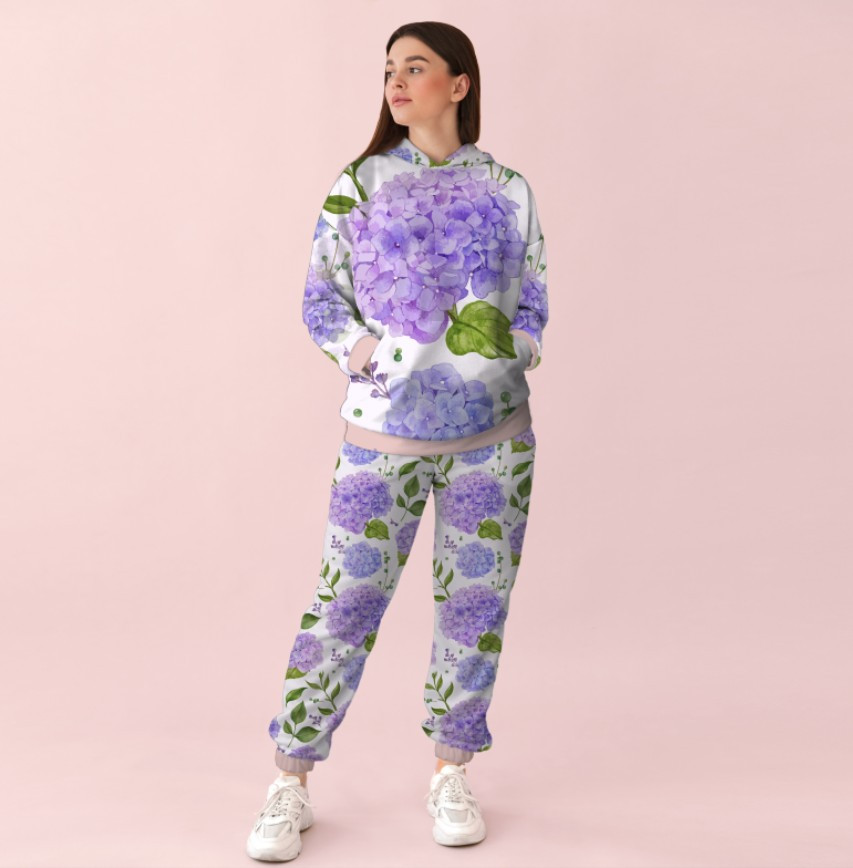 Жіночий білий спортивний костюм із принтом бузкові квіти 0_084 ВСІ Розміри Преміум тканина