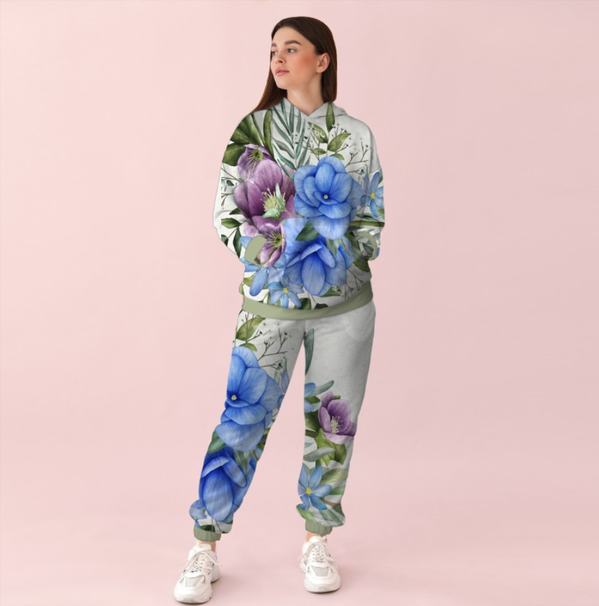 Жіночий спортивний костюм із принтом ніжний квітковий орнамент. Фіалки 0_107 ВСІ Розміри Преміум тканина