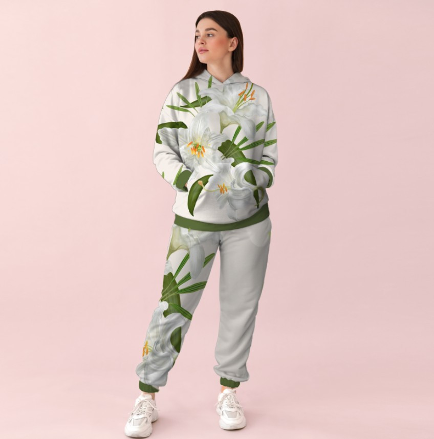 Жіночий спортивний костюм із принтом білі лілії 0_121 ВСІ Розміри Преміум тканина