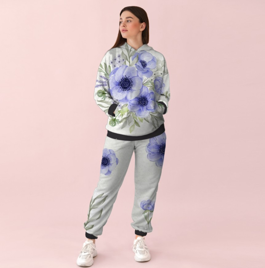 Жіночий білий спортивний костюм із принтом блакитні маки 0_124 ВСІ Розміри Преміум тканина