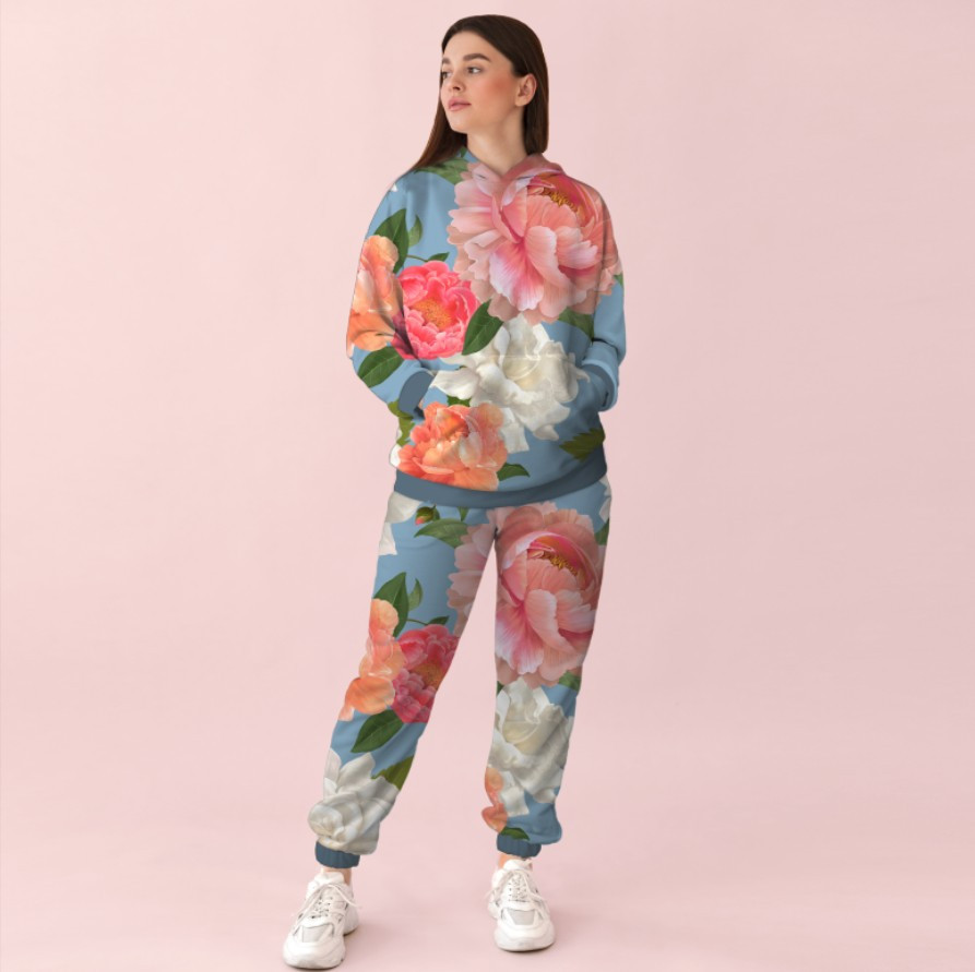 Жіночий блакитний спортивний костюм із принтом рослинний орнамент 0_134 ВСІ Розміри Преміум тканина