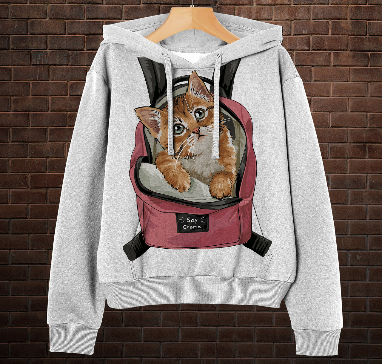 Біла Толстовка-кенгуру (толстовка) з 3D принтом Котик у рюкзаку ВСІ Розміри Преміум тканина