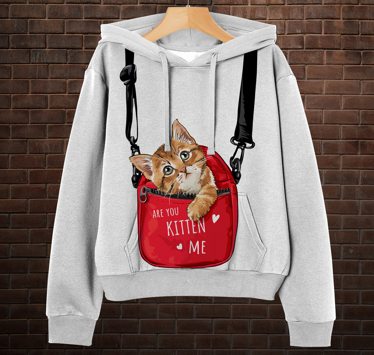 Біла Толстовка-кенгуру (толстовка) з 3D принтом Котик у сумці ВСІ Розміри Преміум тканина