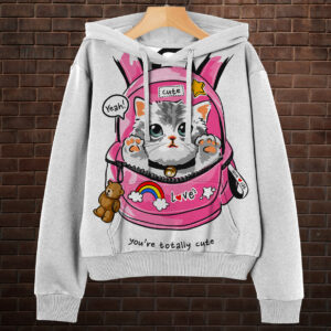 Біла Толстовка-кенгуру (толстовка) з 3D принтом Котик у рюкзаку ВСІ Розміри Преміум тканина