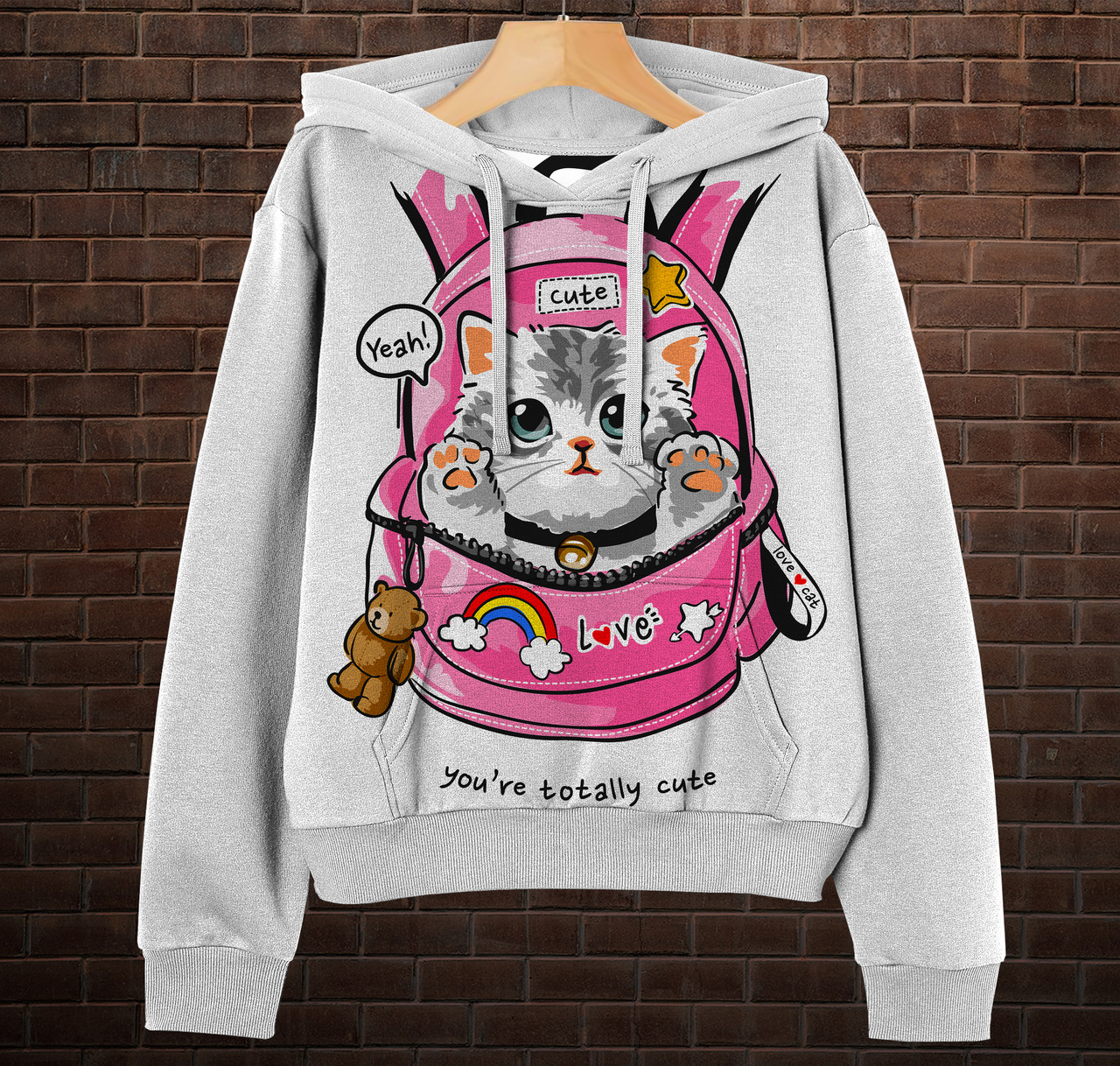 Біла Толстовка-кенгуру (толстовка) з 3D принтом Котик у рюкзаку ВСІ Розміри Преміум тканина