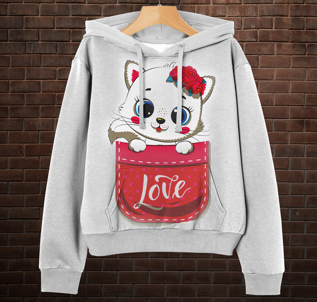 Біла Толстовка-кенгуру (толстовка) з 3D принтом Котик у кишені ВСІ Розміри Преміум тканина