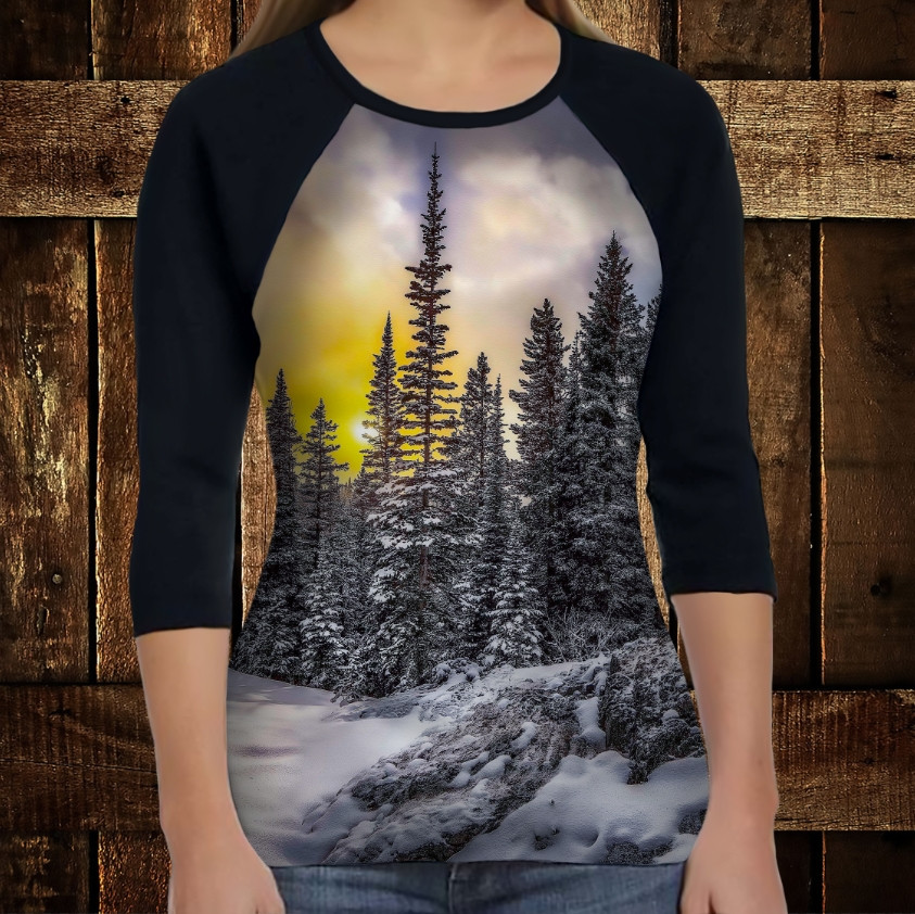Лонгслив-реглан з 3D принтом: Зимовий пейзаж. Ялинки ВСІ Розміри Преміум тканина