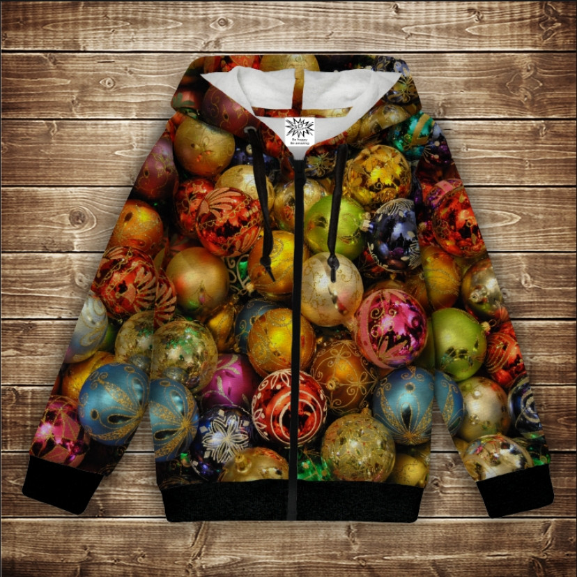 Худі з 3Д принтом на тему - Новорічні прикраси. Дитячі та дорослі розміри ВСІ Розміри Преміум тканина