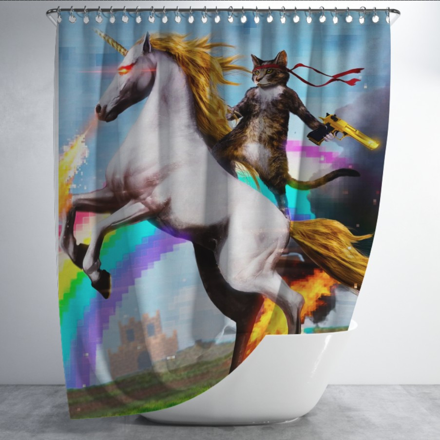 Штора для ванної з 3D принтом Кіт на Єдинорозі 150х200 см.