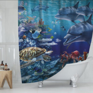 Штора для ванної з 3D принтом Дельфіни і морська черепаха 150х200 см.