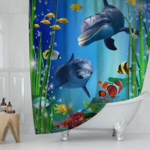 Штора для ванної з 3D принтом Дельфіни і барвисті рибки 150х200 см.
