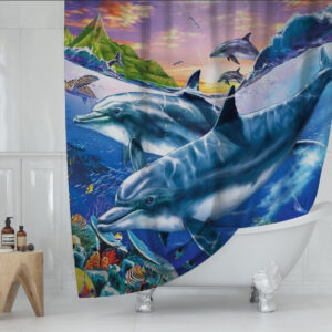 Штора для ванної з 3D принтом Дельфіни на хвилі 150х200 см.