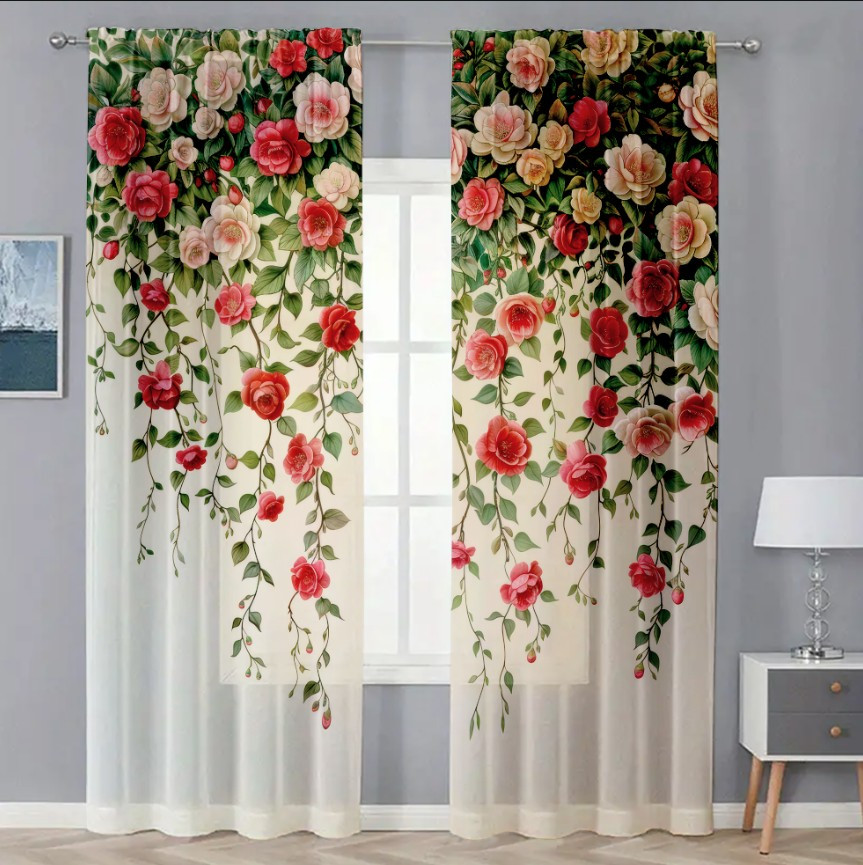 Гардина тюль комплект з 2х шт Плетисті червоні троянди 001 на бежевому фоні