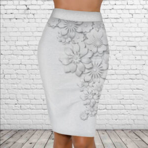 Спідниця-олівець із 3D принтом Ніжний квітковий принт. Білі квіти ВСІ Розміри Преміум тканина