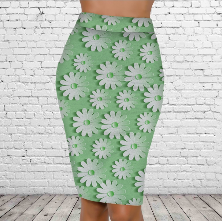 Спідниця-олівець із 3D принтом Ніжний квітковий принт. Білі квіти на зеленому тлі ВСІ Розміри Преміум тканина