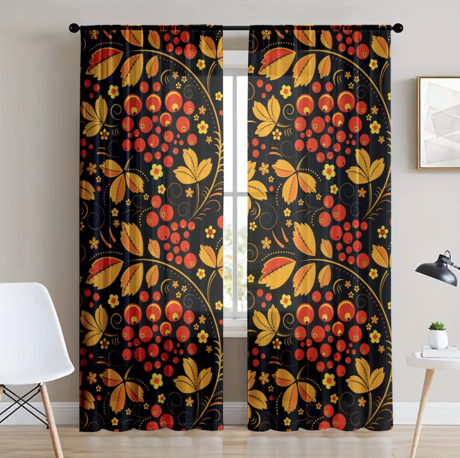 Гардина тюль комплект горобина на червоному фоні