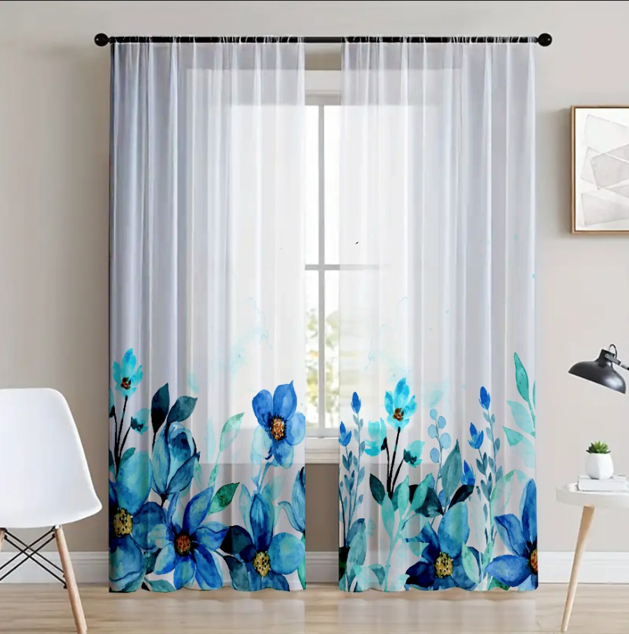 Гардина тюль комплект з 2 х шт блакитні квіти акварель 002 низ
