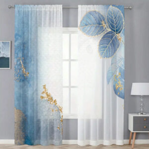 Гардина тюль комплект з 2 х шт блакитне листя і золоті визерунки