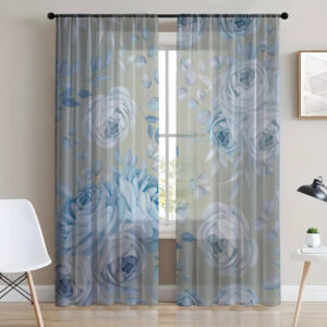Гардина тюль комплект з 2х шт Білі і блакитні троянди на бежевому фоні
