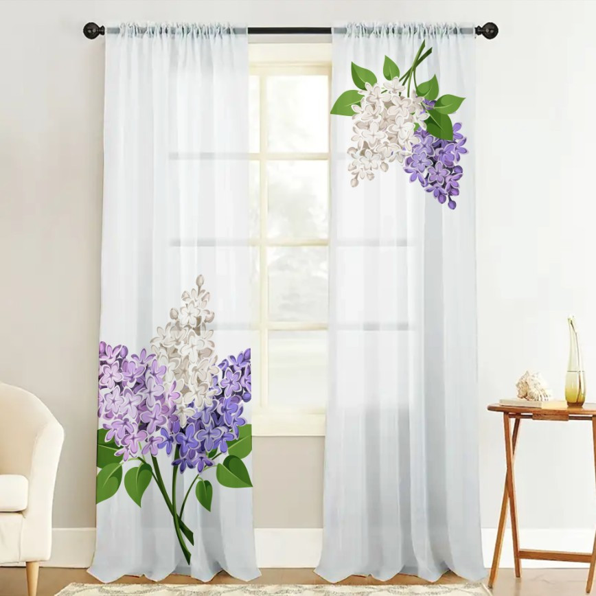 Гардина тюль комплект з 2х шт білий і фіолетовий бузок
