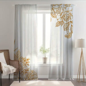 Гардина тюль комплект з 2х шт золоті квіти на білому фоні