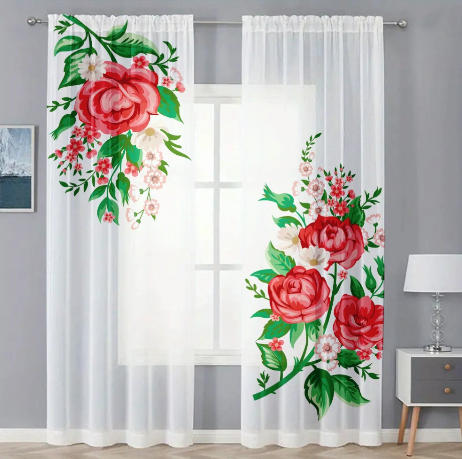 Гардина тюль комплект з 2х шт ніжні червоні троянди 04