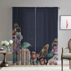 Гардина тюль комплект з 2х шт ніч квіти метелики