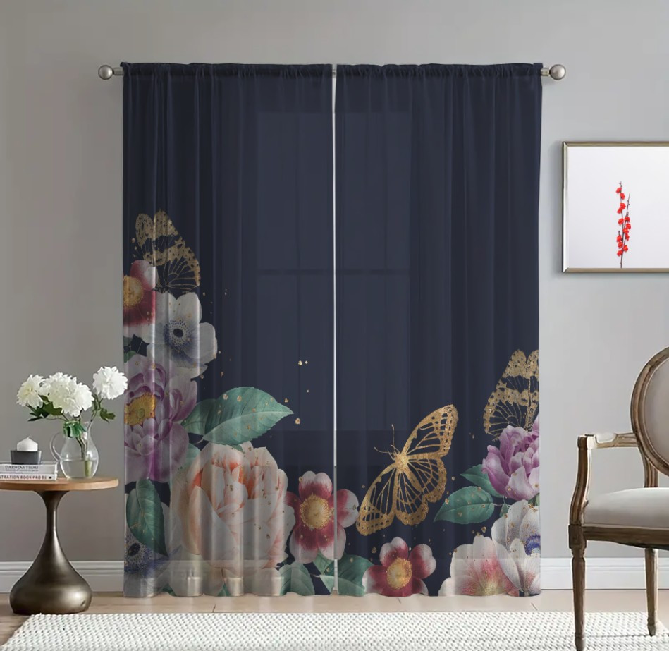 Гардина тюль комплект з 2х шт ніч квіти метелики