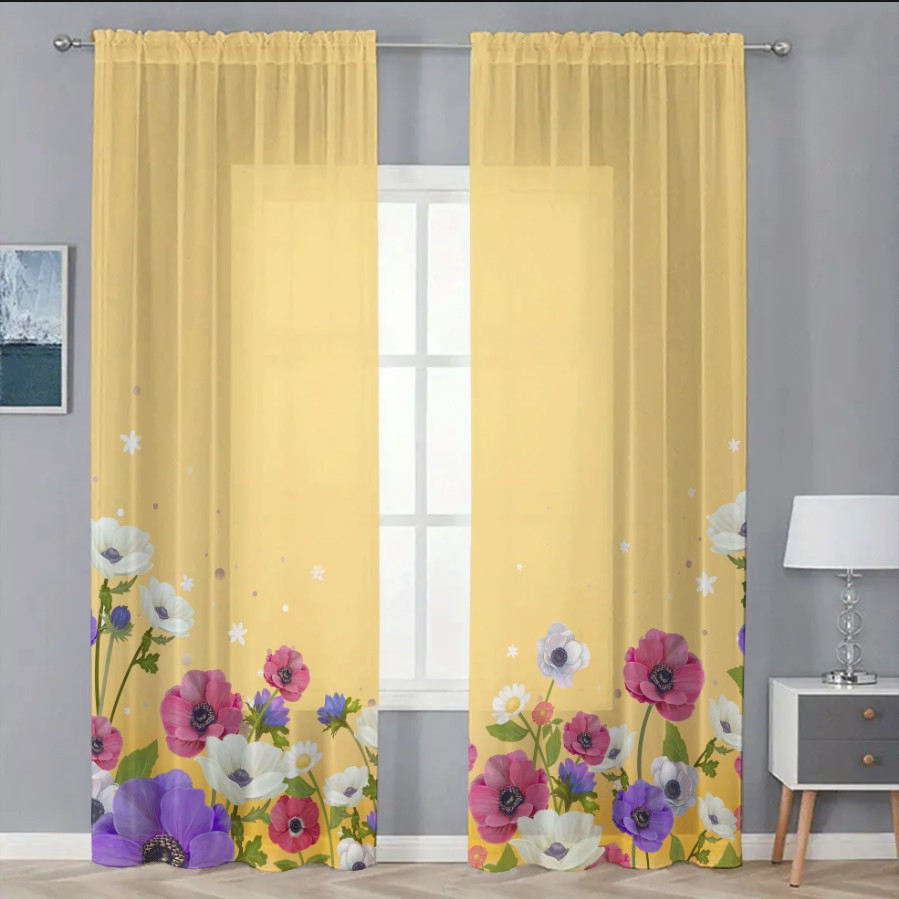 Гардина тюль комплект з 2х шт польові квіти на жовтому фоні