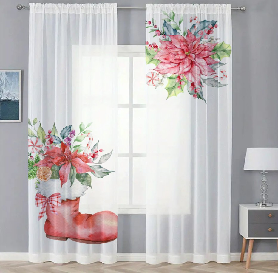 Гардина тюль комплект з 2х шт Різдвяні прикраси чоботок і квітка