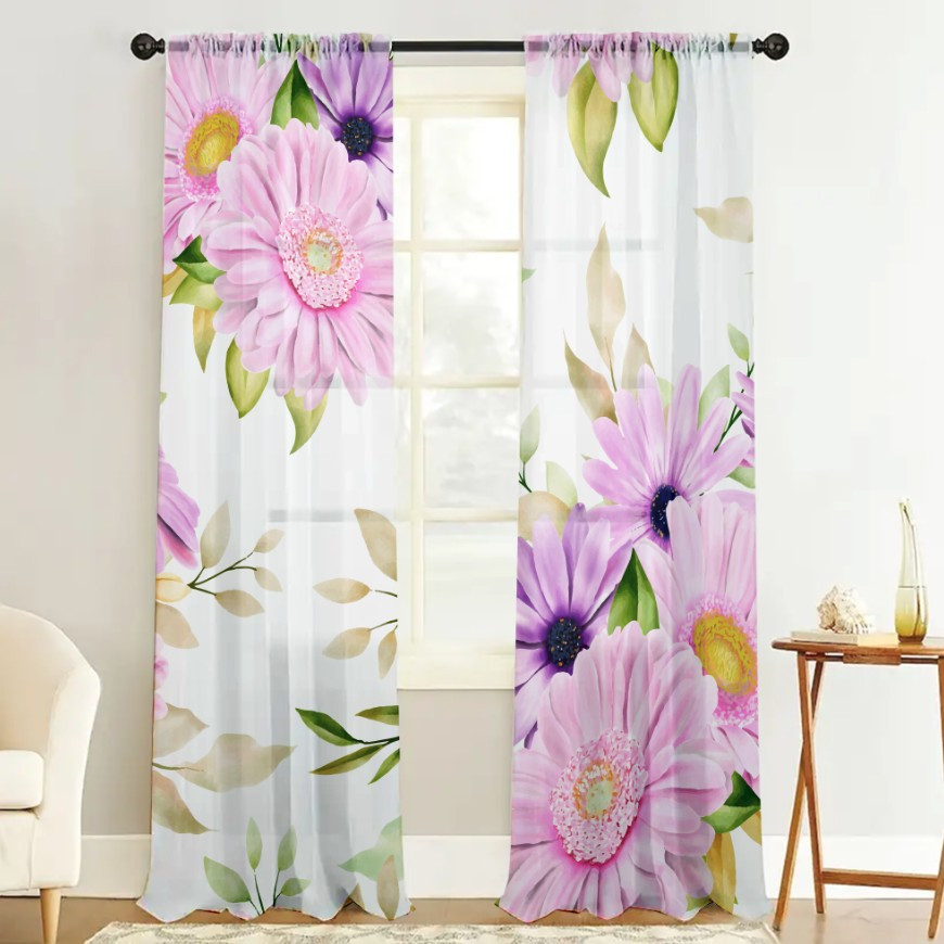 Гардина тюль комплект з 2х шт рожеві гербери