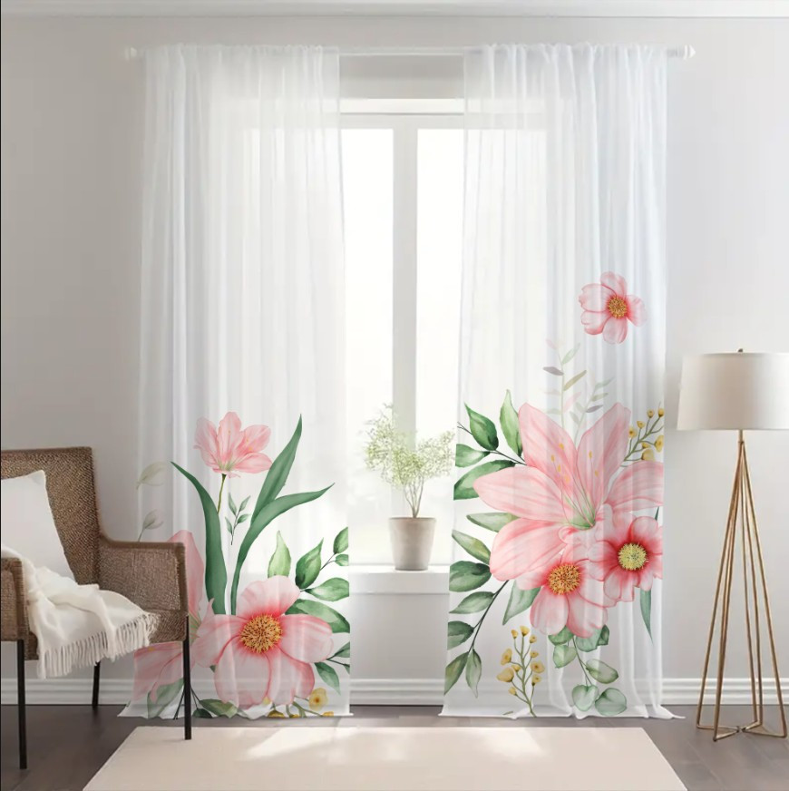 Гардина тюль комплект з 2х шт рожеві лілеї