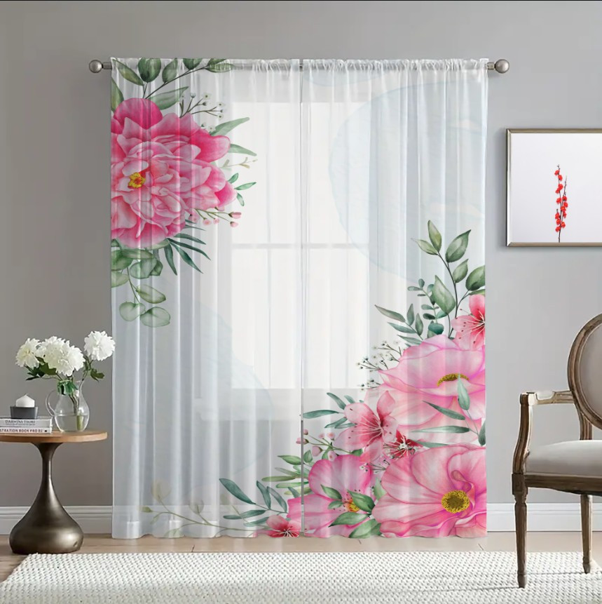 Гардина тюль комплект з 2х шт Рожеві ніжні квіти 097