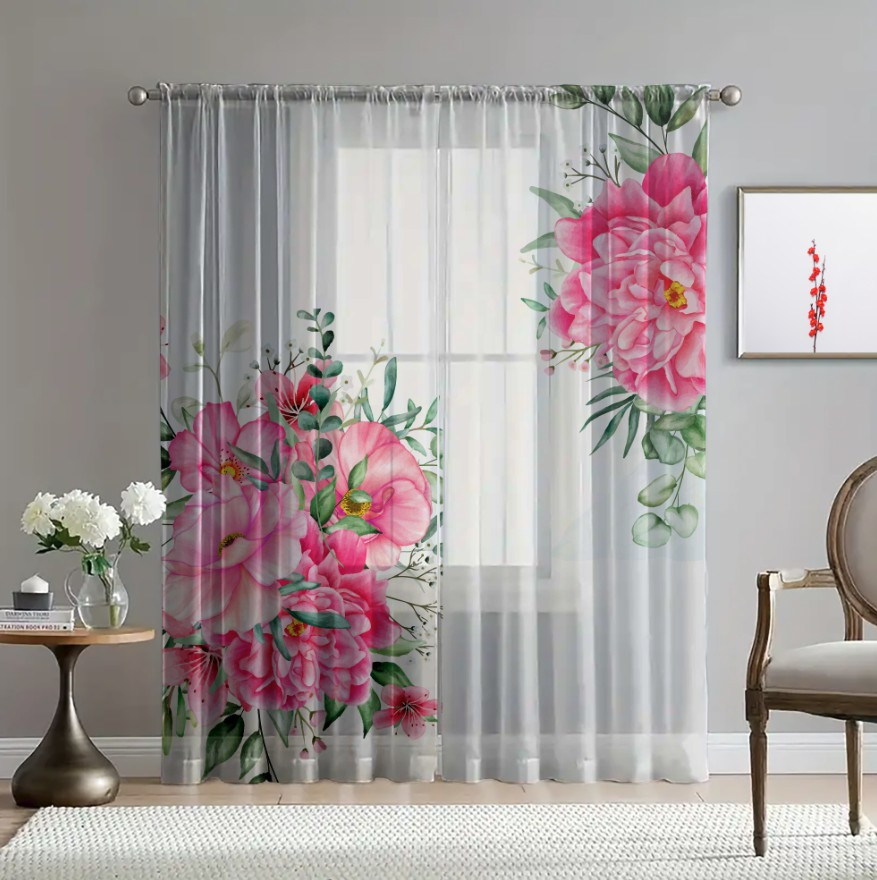 Гардина тюль комплект з 2х шт Рожеві ніжні квіти 098