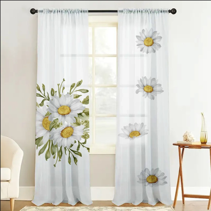 Гардина тюль комплект з 2х шт ромашки на білому фоні 004