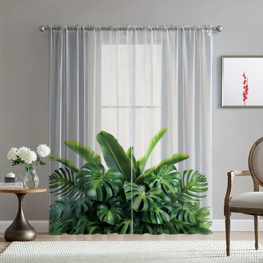 Гардина тюль комплект з 2х шт тропічні рослини монстера папороть 001